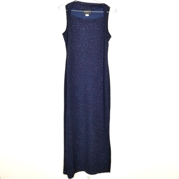 VTG John Roberts Maxi Sparkle Sleeveless Dress Sz 12 Navy Party Event Slit - Picture 1 of 8